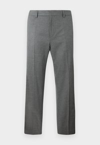 Gray tailored trousers made of textured fabric, featuring a flat front, straight leg design, and pressed creases along the front.