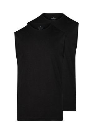 Zwei schlichte schwarze ärmellose Rundhalsausschnitt-Unterhemden, übereinandergelegt, wobei eines leicht hinter dem anderen auf einem weißen Hintergrund liegt.