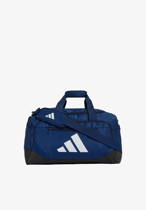 Bolsa de deporte azul oscuro con base negra contrastante. Presenta un logo blanco, correa ajustable y múltiples compartimentos con cremallera. Tela duradera.