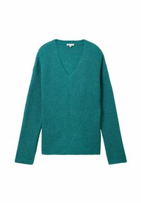 Türkise Strickjacke mit V-Ausschnitt und langen Ärmeln. Rippstruktur und Chevron-Muster auf der Vorderseite, aus weichem Strickmaterial gefertigt.