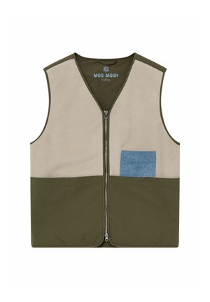 Chaleco sin mangas con cremallera, parte superior beige, mitad inferior verde oliva y un bolsillo rectangular azul en el pecho del lado derecho.