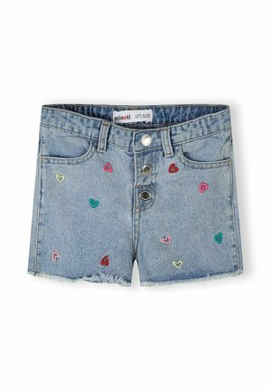 Jasnoniebieskie szorty jeansowe z wielokolorowymi haftowanymi serduszkami, trzema metalowymi guzikami z przodu i postrzępionym wykończeniem, oznaczone dla dzieci w wieku 3-4 lat.