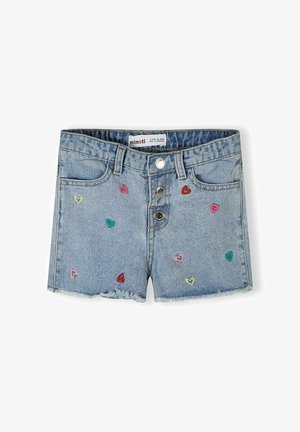 Lichtblauwe denim shorts met meerkleurige geborduurde harten, drie metalen knopen aan de voorkant en een rafelige zoom, geschikt voor kinderen van 3-4 jaar.