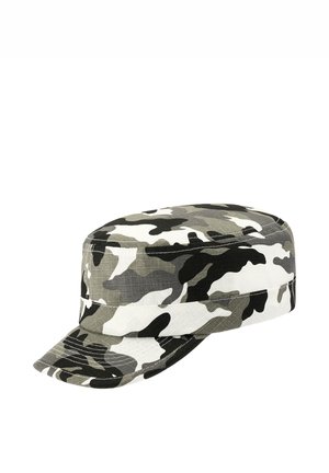 Casquette de style militaire avec un motif camouflage gris, noir et blanc et une visière courte et incurvée.