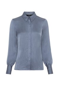 Mörkblå blus med lång ärm, spetsig krage, dold knappslå och rynkade ärmslut med breda knäppta band.