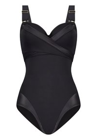 Černé jednodílné plavky s překříženým designem, hladkým saténovým povrchem, nastavovacími ramínky a zlatými kovovými akcenty.