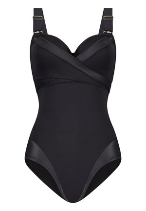 Sort ensartet badedragt med crossover-design, glat satinfinish, justerbare stropper og detaljer i guldfarvet metal.