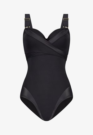 Sort ensartet badedragt med crossover-design, glat satinfinish, justerbare stropper og detaljer i guldfarvet metal.