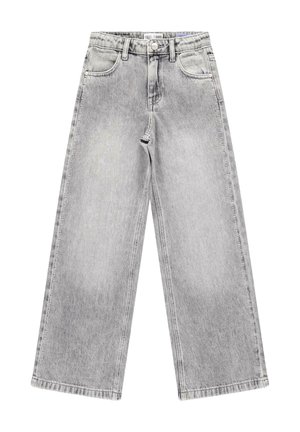 Lichtgrijze jeans met wijde pijpen, een knoop- en ritssluiting aan de voorkant, voorzakken en kleine zilveren studs langs de buitenste naden.