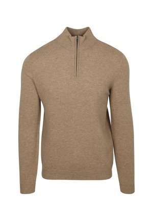 Beige Zip-up-Pullover, weiche Strickware, hoher Kragen, lange Ärmel, taillierte Passform, minimalistischem Stil, keine sichtbaren Muster oder Akzente.