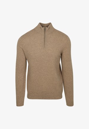 Beige zip-up sweater, zachte gebreide stof, hoge kraag, lange mouwen, aansluitend ontwerp, minimalistische stijl, geen zichtbare patronen of accenten.