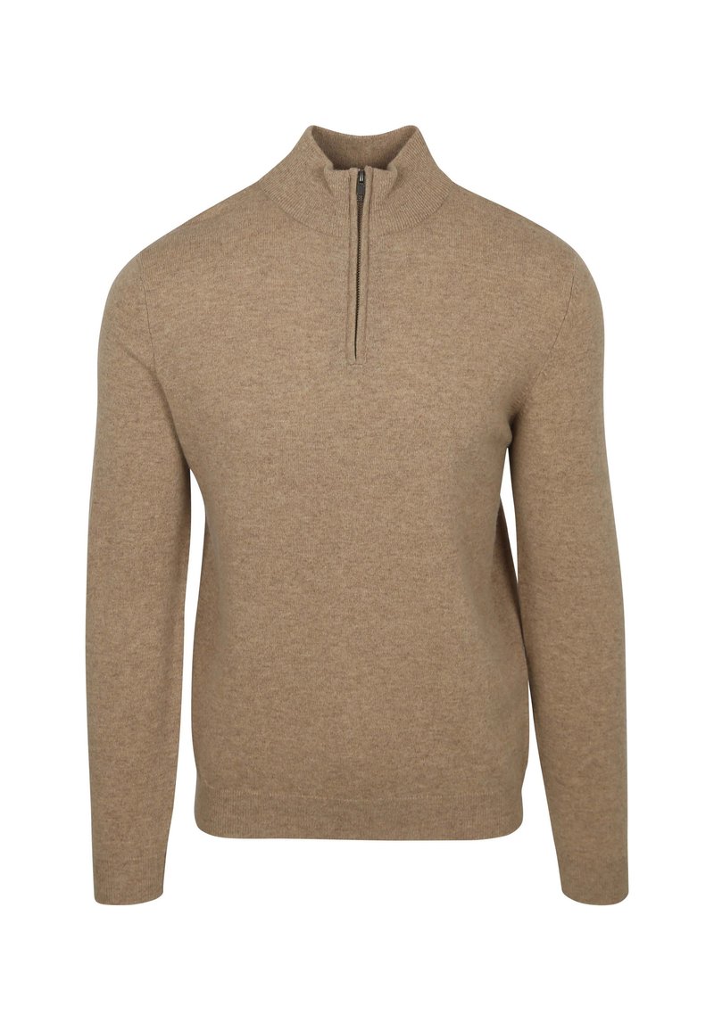 Beige zip-up sweater, zachte gebreide stof, hoge kraag, lange mouwen, aansluitend ontwerp, minimalistische stijl, geen zichtbare patronen of accenten.
