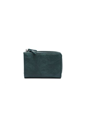 Teal zippered wallet made of textured leather, featuring a rectangular shape and a thin zipper pull. Compact and simple design.