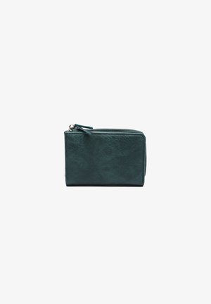Portefeuille zippé en teal fait de cuir texturé, avec une forme rectangulaire et un mince tirette de fermeture. Design compact et simple.