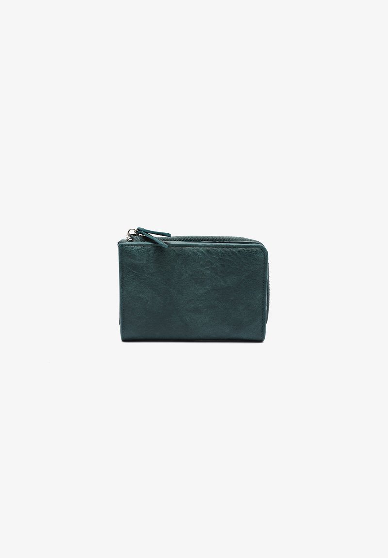 Teal zippered wallet made of textured leather, featuring a rectangular shape and a thin zipper pull. Compact and simple design.