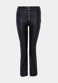 Zwarte flared jeans met een strak ontwerp, gemaakt van een glad materiaal. Voorzien van vijf zilveren knoopsluitingen en zakken aan de voorkant.