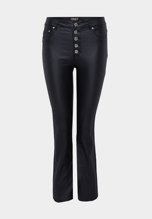 Melni izplūduši džinsi ar elegantu dizainu, izgatavoti no gludas auduma. Iekļauj piecus sudraba pogu aizdare un kabatas priekšpusē.