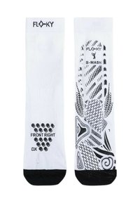 Calzini sportivi bianchi con punta e tallone neri. Presentano grafiche e motivi neri, con testo che indica l'orientamento e il marchio.