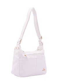 Borsa a spalla bianca in pelle con finitura testurizzata, dotata di dettagli dorati, tasca frontale con zip e tracolla regolabile.