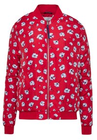 Veste bomber rouge avec un imprimé floral en bleu et blanc, dotée d'une fermeture éclair frontale, de poignets côtelés et d'un col arrondi. Tissu léger.