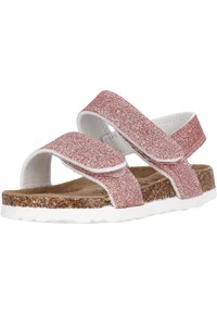 Sandali rosa scintillanti con due cinturini regolabili, soletta in sughero e suola in gomma bianca. Tomaia strutturata con una finitura luccicante.