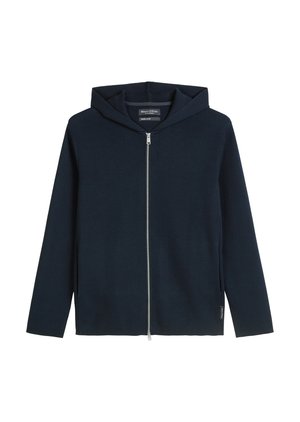 Navyblå zip-up hoodie i mjukt tyg, med huva, långa ärmar och sidfickor, med ett subtilt strukturerat mönster.