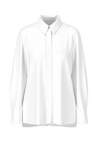 Weißes Langarmhemd mit Button-Down-Kragen, Frontblende, einer Brusttasche und einer glatten, glänzenden Textur.