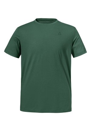 Dunkelgrünes T-Shirt mit kurzen Ärmeln und Rundhalsausschnitt, mit kleinem Ton-in-Ton-Logo auf der linken Brust, auf weißem Hintergrund dargestellt.