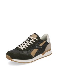 Schwarze und olivgrüne Sneaker mit perforierter Textur, beigen Akzenten, weißen Schnürsenkeln und einer dicken Sohle. Enthält das Branding "R EVOLUTION".