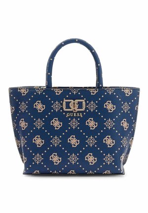 Sac tote Blue Guess avec logo beige et motif décoratif, deux anses et une attache centrale en métal.