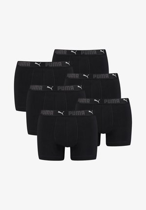 Schwarze Boxershorts mit elastischem Bund und "PUMA"-Logo, aus weichem Material gefertigt, werden in einem Set von sechs angeboten.