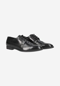 Zwarte leren oxford schoenen met wingtip brogue-details, glanzende afwerking, ronde neus en platte zool. Veters zijn door oogjes geregen.