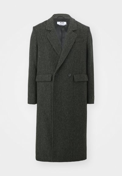 Long, dark gray wool coat with a structured collar, two front pockets, double-button closure, and a single chest pocket. Textured fabric.