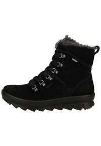 Botas negras de ante hasta el tobillo con cuello de piel sintética, que cuentan con ojales metálicos, cordones planos y suela de goma texturizada para mayor tracción.