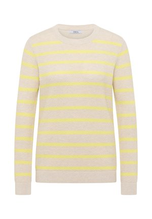 Beige stickad tröja med horisontella gula ränder, rund halsringning och långa ärmar. Har texturerat tyg med ribbade muddar och fåll.