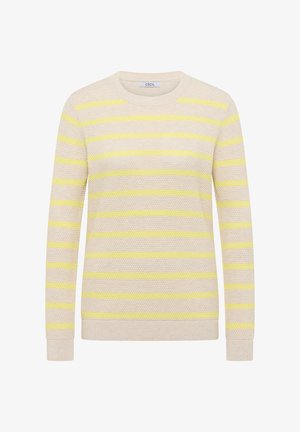 Beżowy sweter z dzianiny z poziomymi żółtymi paskami, okrągłym dekoltem i długimi rękawami. Wyróżnia się teksturowaną tkaniną z prążkowanymi mankietami i krawędzią.