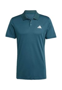 Turkusowa koszulka polo wykonana z oddychającego materiału, z kołnierzykiem, trzema guzikami i białym logo. Gładka tekstura, krótkie rękawy i prosty krój.
