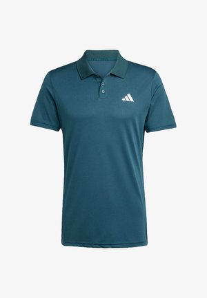 Teal polo shirt made of breathable fabric features a collar, three buttons, and a white logo. Smooth texture with short sleeves and a straight hem.