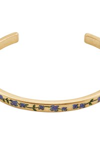 Gold-colored cuff bracelet featuring a floral design with blue flowers and green leaves along the band's face. Smooth, polished texture.