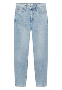 Jeans de mezclilla azul claro con un diseño de pierna recta, cinco bolsillos, costuras en contraste y una textura deslavada. Presenta un cierre de botón y cremallera.