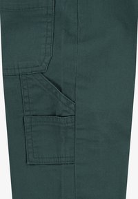Dunkelgrüne Cargo-Hosen mit einer aufgesetzten Tasche auf dem Oberschenkel, hergestellt aus strapazierfähigem Baumwollstoff mit sichtbaren Nähten und einer glatten Textur.