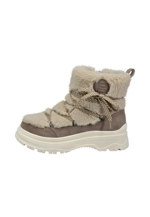 Winter-Stiefelette mit beigem Fellbesatz, dicken beigen Schnürsenkeln, braunen Wildlederseiten und einer klobigen weißen Gummisohle.