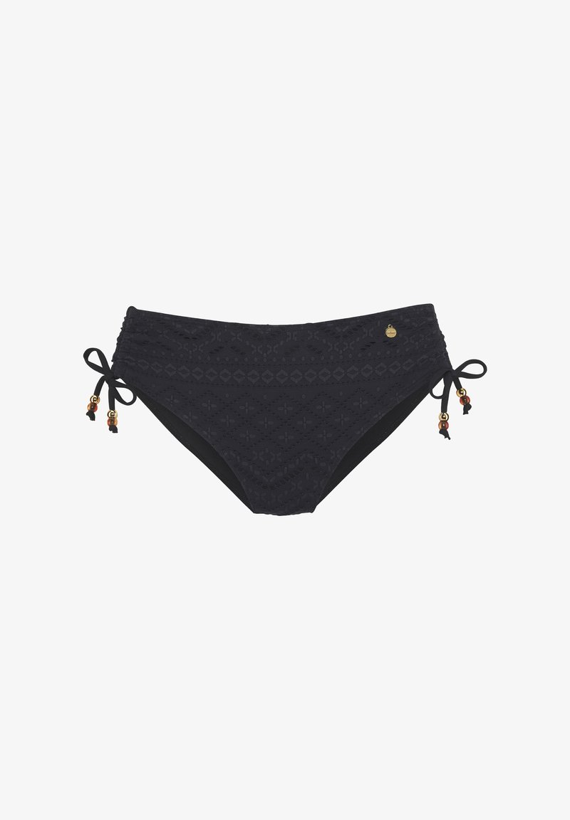 Schwarzer Bikiniunterteil aus strukturiertem Stoff mit einem Diamantmuster. Seitliche Bindebänder mit dekorativen Perlen und einem kleinen metallischen Logoakzent.
