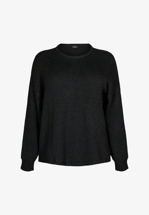 Czarny sweter dzianinowy z okrągłym dekoltem, opadającymi ramionami i długimi rękawami. Wyróżnia się teksturowanym materiałem oraz ściągaczami przy mankietach i u dołu.