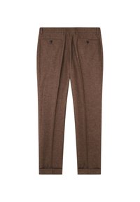 Braune maßgeschneiderte Hose aus strukturiertem Stoff, mit zwei Gesäßtaschen mit Knöpfen und einem leicht schmal zulaufenden Bein mit Umschlägen.