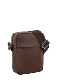 Braune Leder-Umhängetasche mit einem Reißverschluss, verstellbarem braunen Stoffgurt und einer kleinen Fronttasche. Glatte Textur, rechteckige Form.
