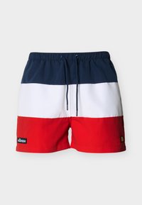 Μαγιό σορτς με οριζόντιες ρίγες σε ναυτικό μπλε, λευκό και κόκκινο, με ελαστική μέση και κορδόνι, με λογότυπο στην πλευρά.