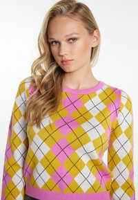 Megztinis su rausvu, geltonu ir baltu argyle raštu, papuoštu kontrastingomis juodomis linijomis. Apvalus iškirpimas ir raudoni megztiniai rankogaliai.