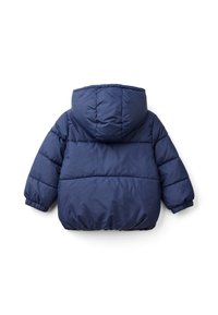 Chaqueta de plumas azul marino, con capucha, puños elásticos y dobladillo ligeramente ajustado. Fabricada con material ligero y aislante, con diseño acolchado.