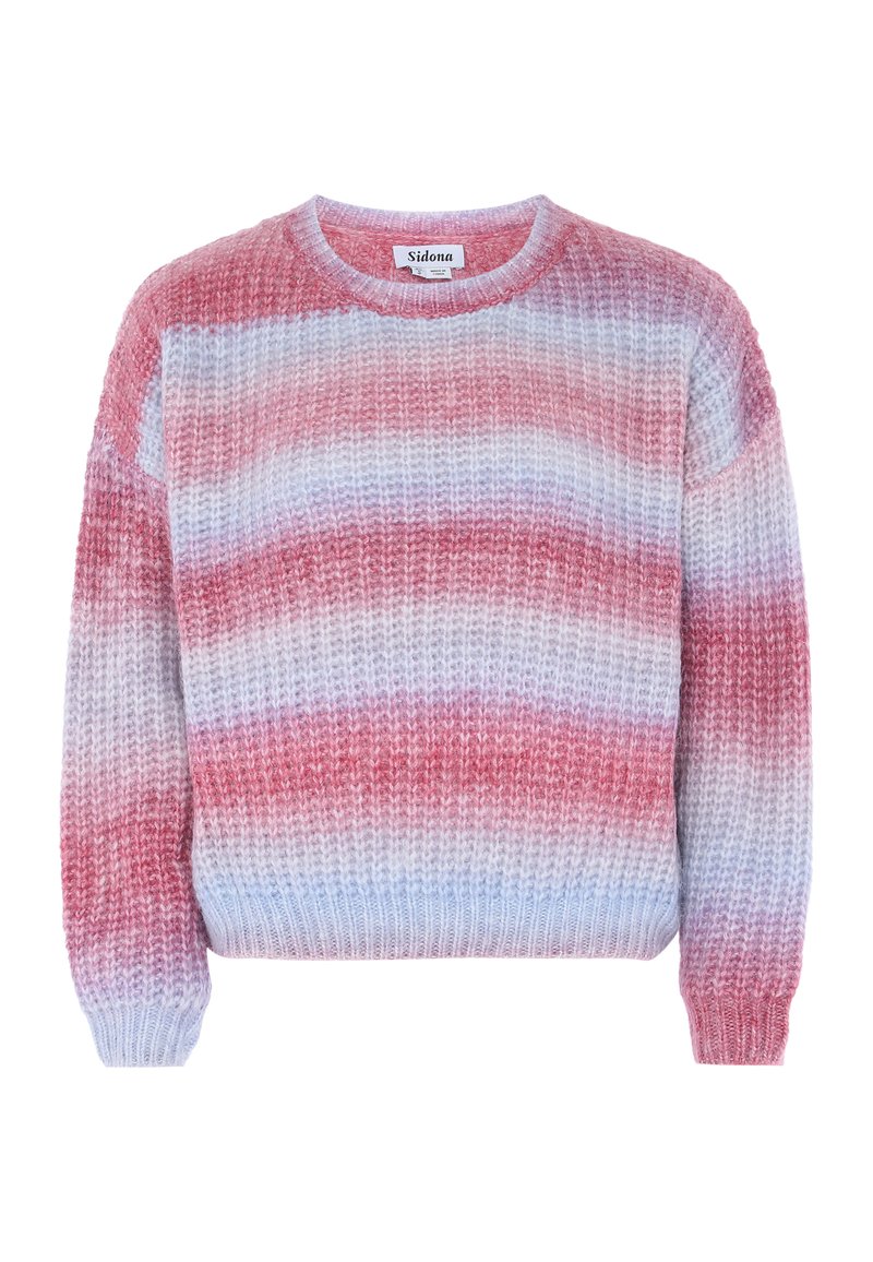 Strickpullover mit rundem Ausschnitt, der horizontale Streifen in Pink, Rot und Hellblau zeigt. Texturiertes Material mit gerippten Bündchen.